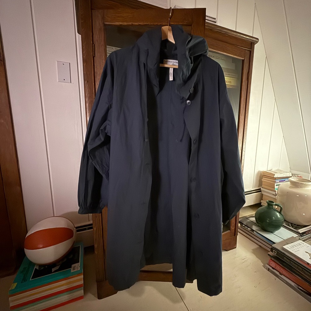 Lightweight navy cotton trench with hood